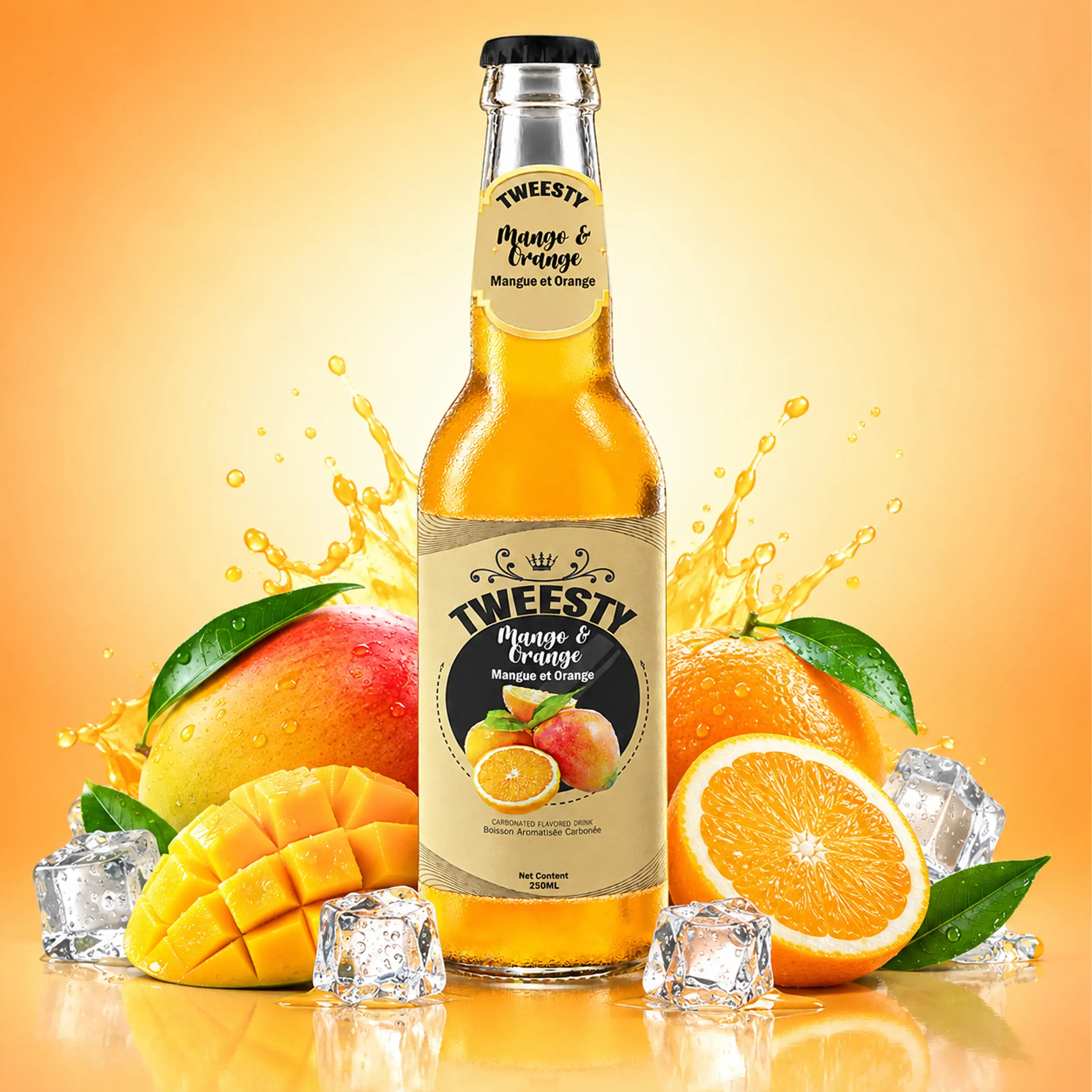 TWEESTY Mango Orange carbonated flavoured drink 250ml glass bottle with mango, orange, ice and splash